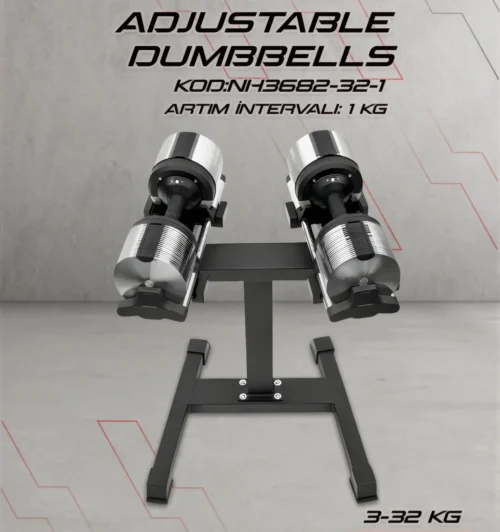 Adjustable Dumbbell 3-32 Kg Rack Set Qantel Dəsti