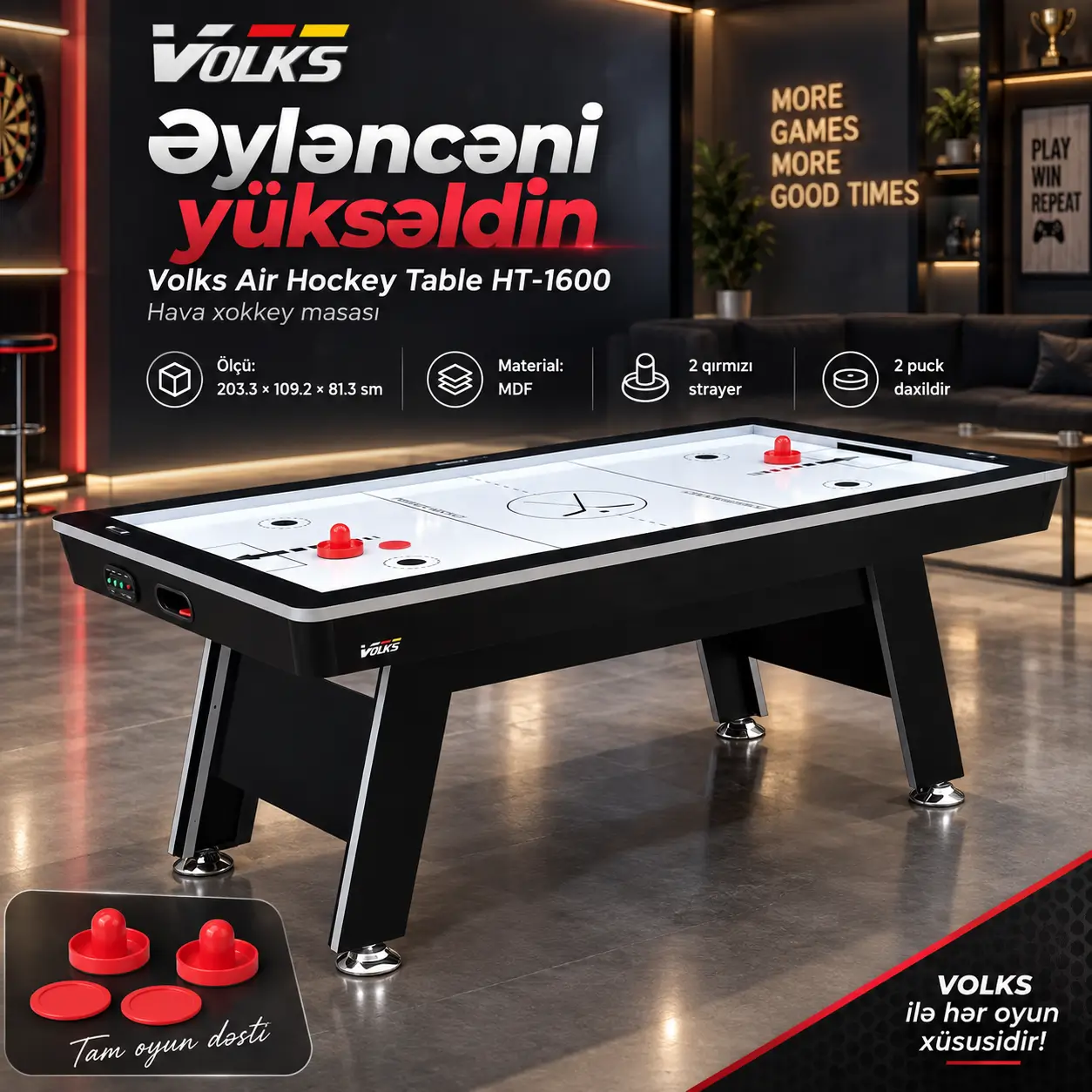 Volks Air Hockey Table HT-1600 Stolüstü Xokkey Oyunu
