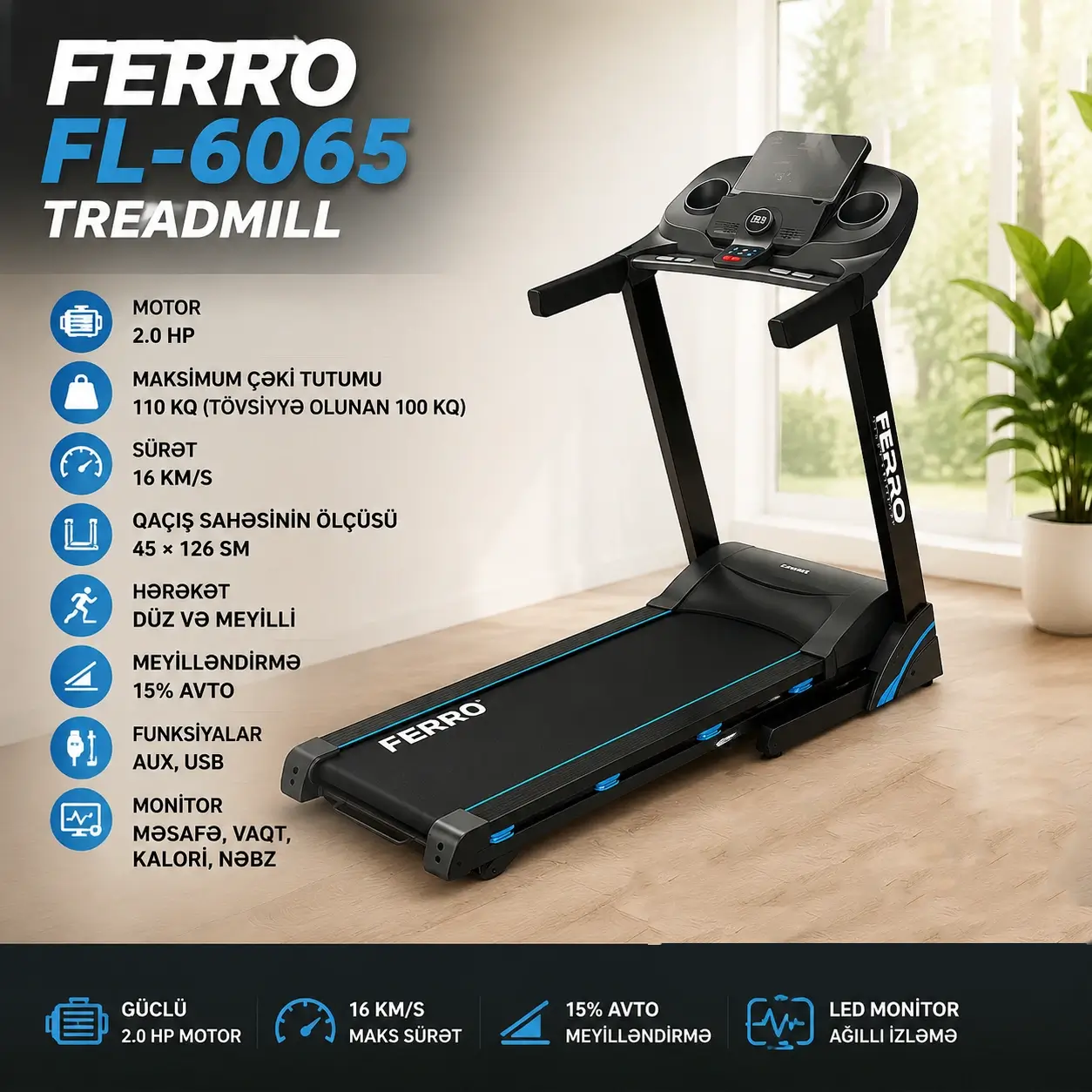 Ferro FL-6065 Treadmill Qaçış Trenajoru (Беговой) 2