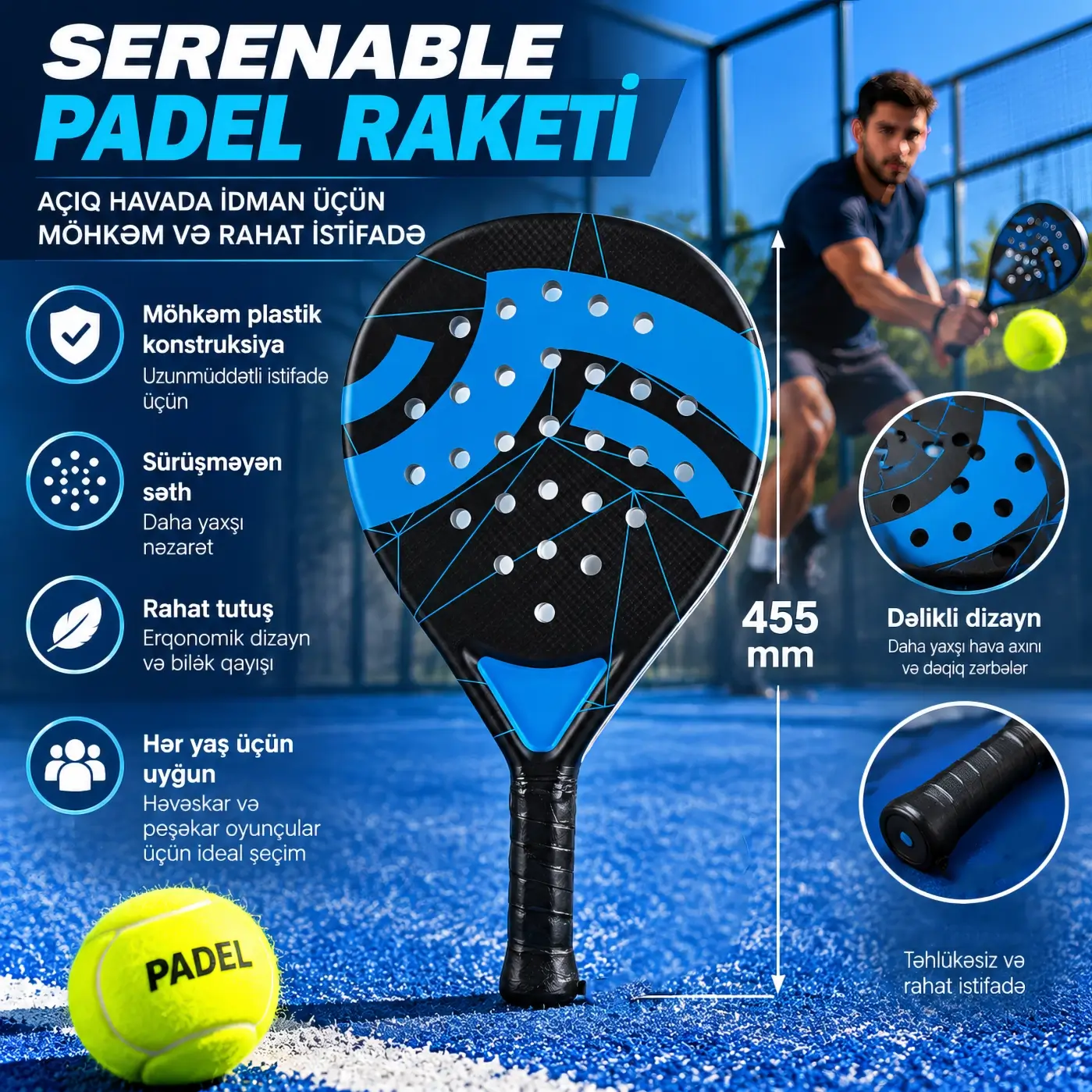 SERENABLE Padel Racket Plastic Non Slip Outdoor Sports Padel Raketi